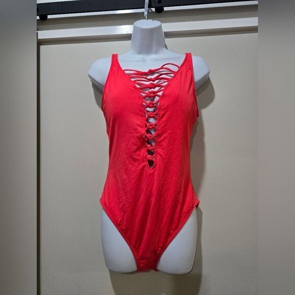 Bleu Rod Beattie Knotty But Nice Lace Down One-Piece Swimsuit NWOT Size 8 Red - Picture 2 of 4